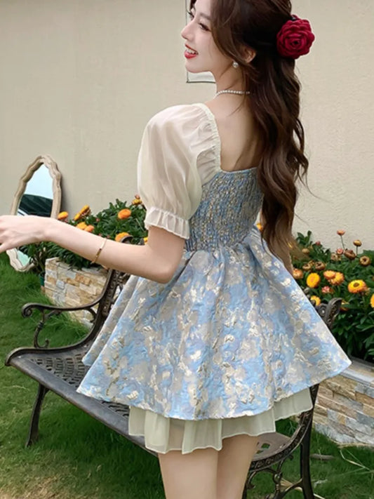 French Vintage Princess Party Dress Lace-up Corset Printed Short Dresses for Women Patchwork Bow Square Collar One Piece Vestido