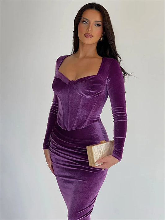 Autumn Scoop Neck 2 Piece-Set Maxi Skirt For Women Patchwork Long Sleeve Slim Luxury Party Looks Female Skinny Outfits New