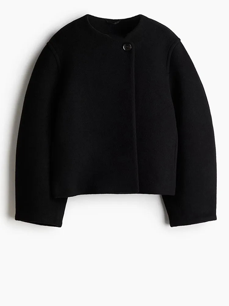 Chic One Button O-neck Woolen Coats For Women Fashion Long Sleeve Cropped Oversized Jackets Lady High Street Outerwear New