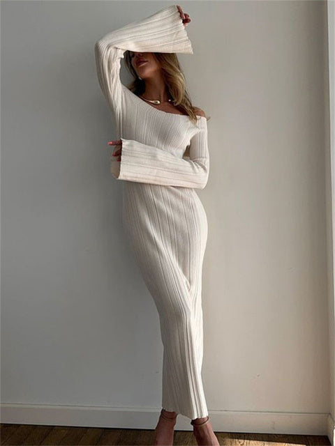 Ribbed Off-Shoulder Knit Long Dress For Women Slim Elegant Long Sleeve High Waist Backless Dress Knitwear Loose Maxi Dress