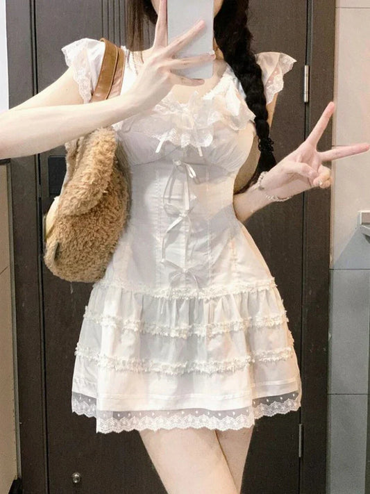 Voguable Y2k Coquette White Lolita Sweet White Kawaii Cute Mini Dress Lace Bow Princess Slip Lace Short Dresses Fashion