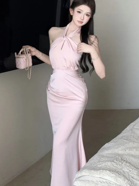 Sexy Bodycon Satin Evening Party Dress Sleeveless Halter Slim Mermaid Summer New Midi Dresses for Women Prom Vestidos Mujer