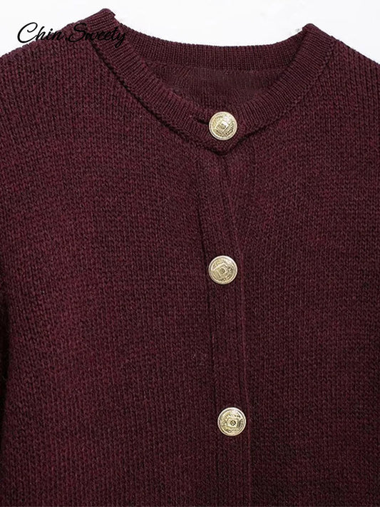 Autumn Knit Burgundy Women’s Cardigans O-neck Single-breasted Long Sleeve Pocket Top Autumn Winter Lady All-match Knitwear