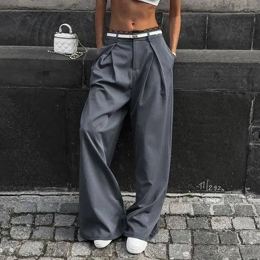 Y2k Lace Patchwork Waist Pants Women Baggy Casual Korean Fashion Office Oversize Trousers Basic Old Money Pantalones
