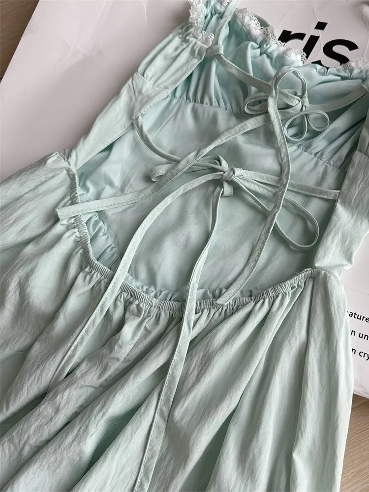 Summer New Spaghetti Strap Backless Midi Dresses for Women Lace-up Sleeveless Beach Style Korean Fashion One Piece Vestido Mujer