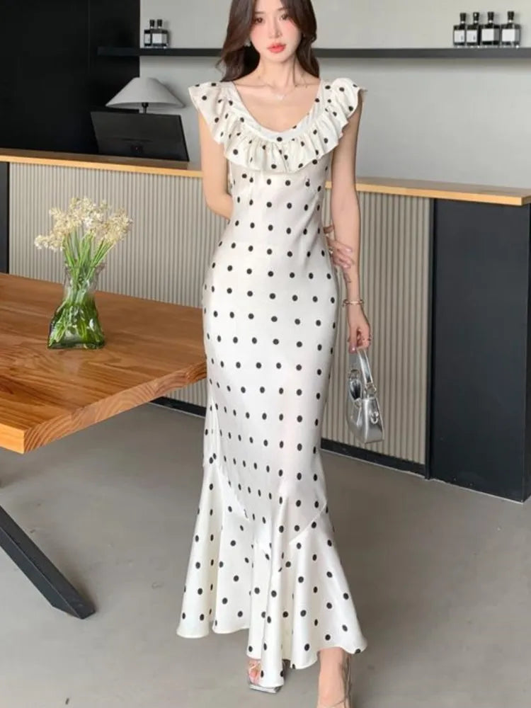 Elegant Bodycon Dot Midi Dresses for Women Ruffles V-neck Sleeveless Slim Mermaid Evening Party Dress Prom Robe Vestidos Mujer