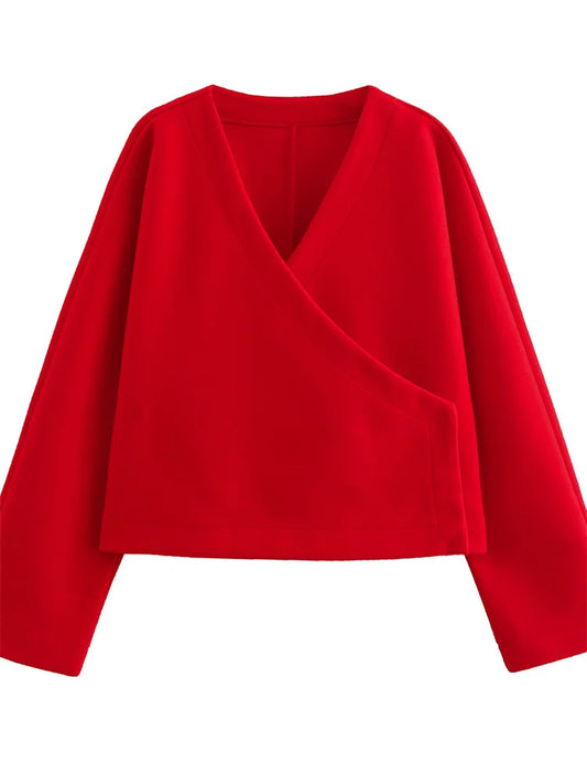 Vintage V-Neck Autumn Outwear For Women Patchwork Solid Long Sleeve Loose Streetwear Casual Jackets Top Ladies Coat