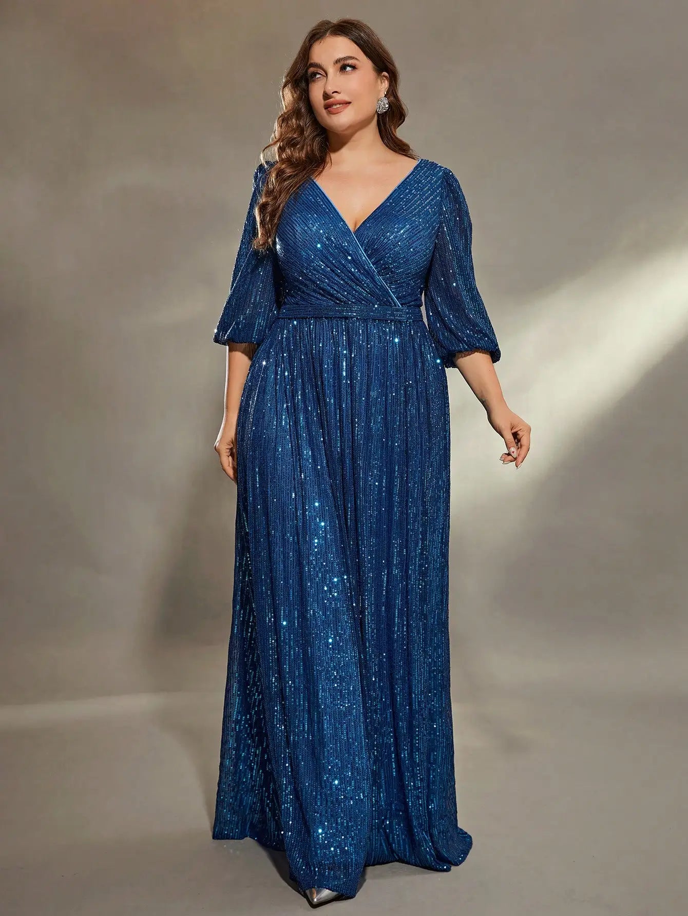plus size V-neck bust pleated mid-long sleeve A-frame sequin long dress Evening gown PROM dress Party dress