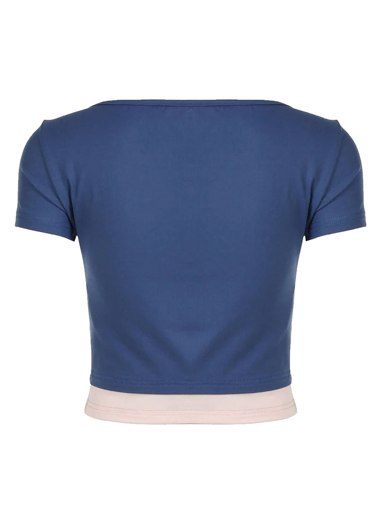 Contrast Patchwork Slim Casual Cute Y2K Cropped T-Shirts Women Blue Square Collar Short Sleeve Basic Summer Top Tees