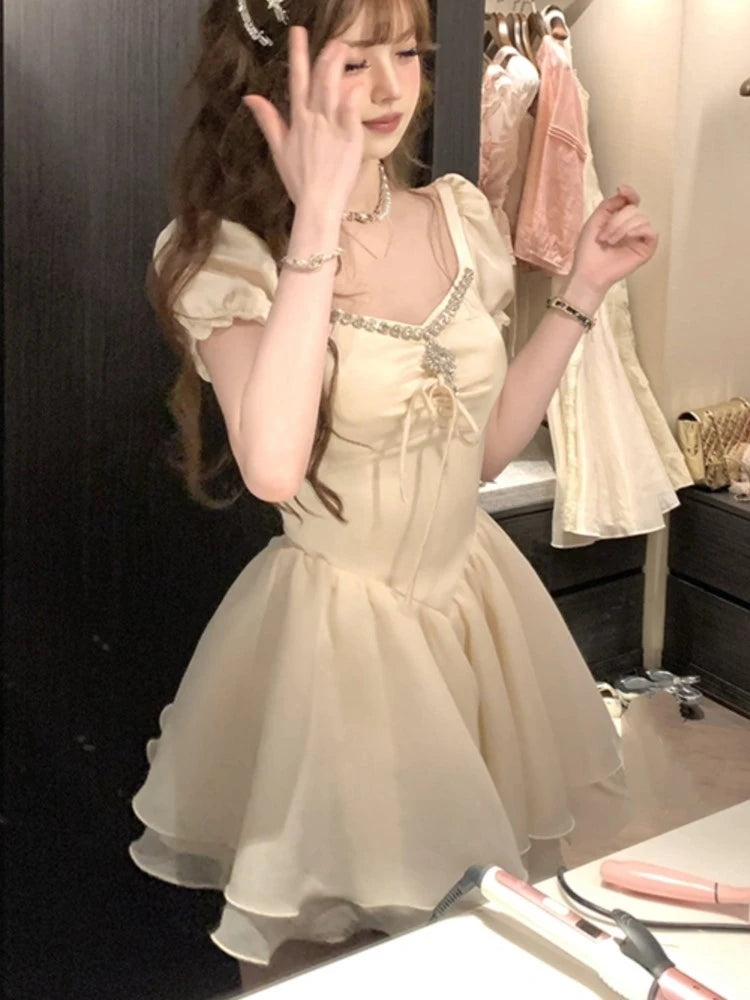 Elegant Vintage Princess Birthday Party Mini Dresses for Women Diamons Ball Gown A-line Korean Luxury One Piece Vestido Mujer
