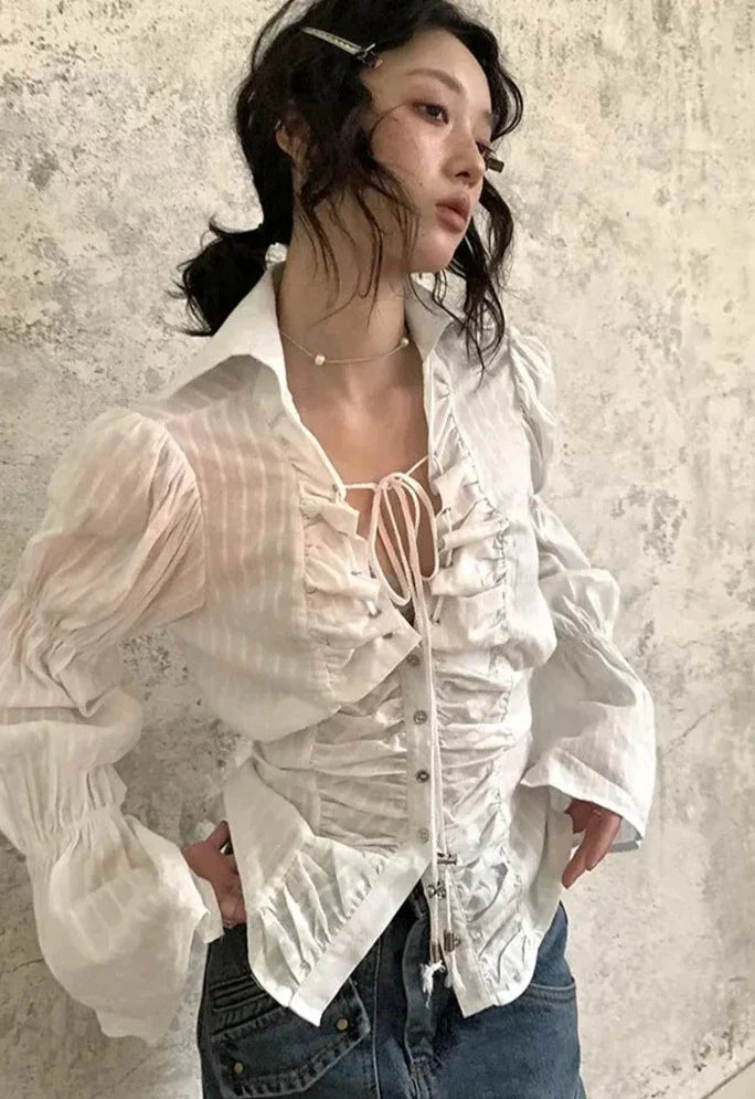Fairycore Style Blouse Flare Sleeve Lace Up Single Breasted Bowknot Shirt Tops Chic Y2k