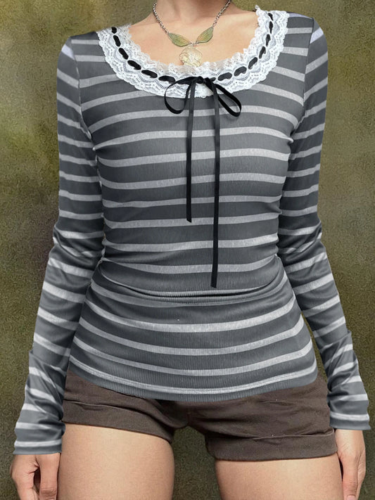 Slim Stripe Long Sleeve T Shirt Women Contrast Patchwork Lace Trim Tie O Neck Cute Y2K Kawaii Tee Basic Korean Clothes