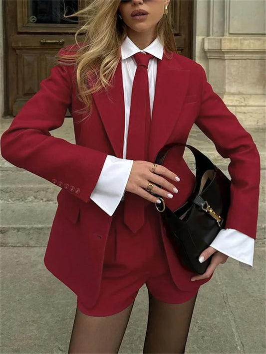 Female 2 Piece-Set Elegant Neckties Suit Pocket Outwear And High Waist Shorts Sets Commute Clothes Women’s Outfits Autumn
