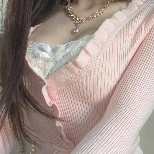 Fairycore Clothing Top y2k Ruffle Lace Patchwork Long Sleeve Knitted T Shirt 2000s Coquette Clothes Streetwear