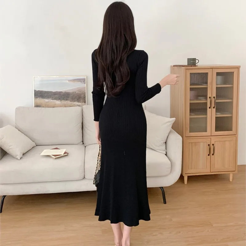 Korean Chic Knitted Dresses for Women V-neck Long Sleeve Slim Bodycon Ruffles Party Dress Casual Autumn Winter New Vestidos
