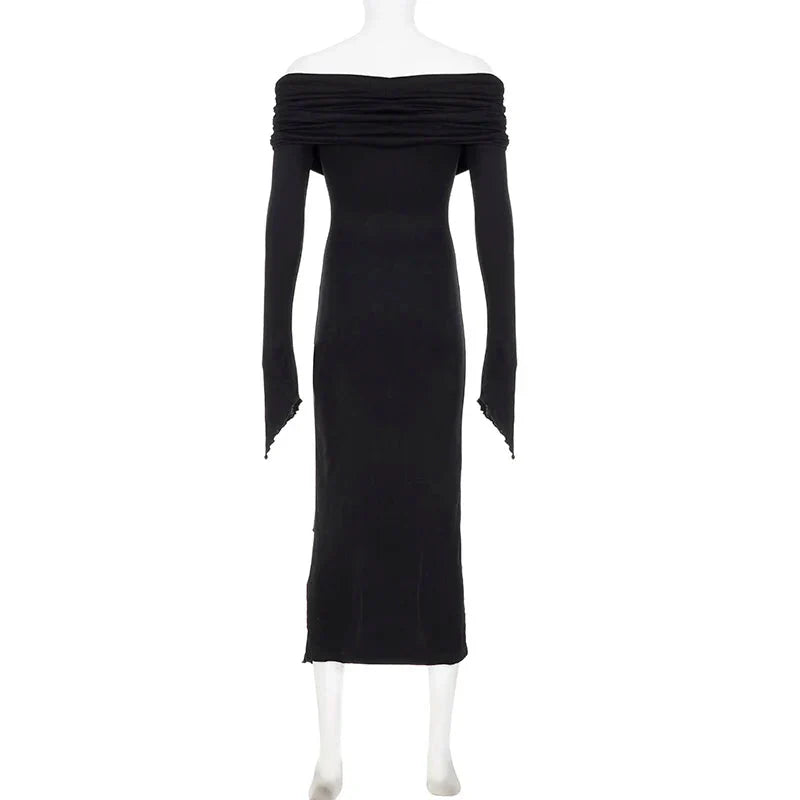 French Elegant Off Shoulder Midi Dress Y2K Black Gothic Irregular Split Long Sleeve Dress Ladies Beach Slim Party Vestidos
