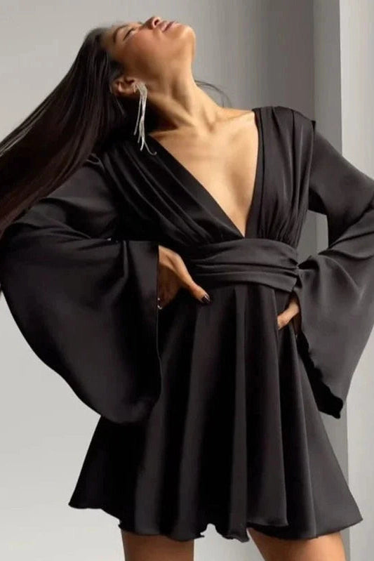 Deep V Neck High Waist Flare Sleeve Mini Dress