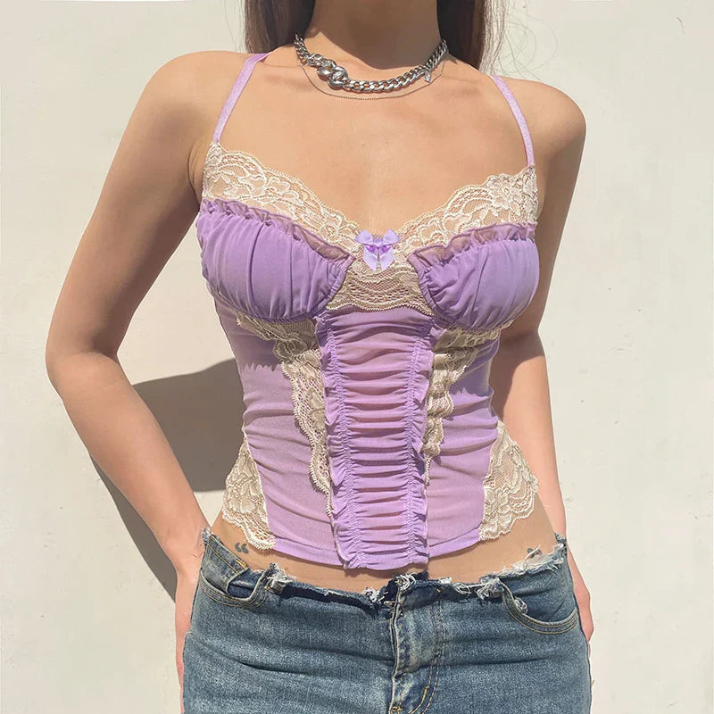 Voguable y2k Lace Patchwork Purple Coquette Mesh Corset Backless Criss-cross Halter Camis Sweet Aesthetic Crop Top