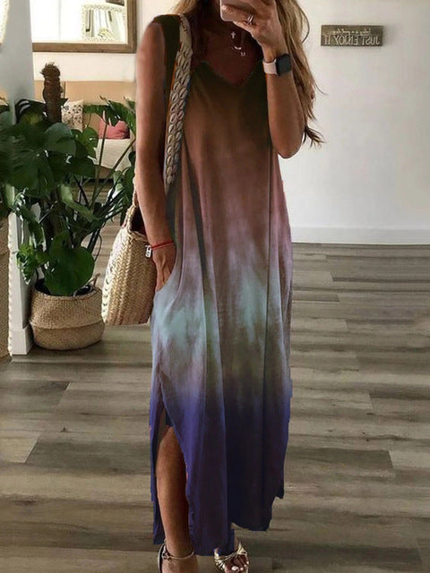Gradient Tie Dye Print Sleeveless Long Dresses Women Fashion Casual V-neck Loose Slit Vest Dress Female Summer A-line Vestidos