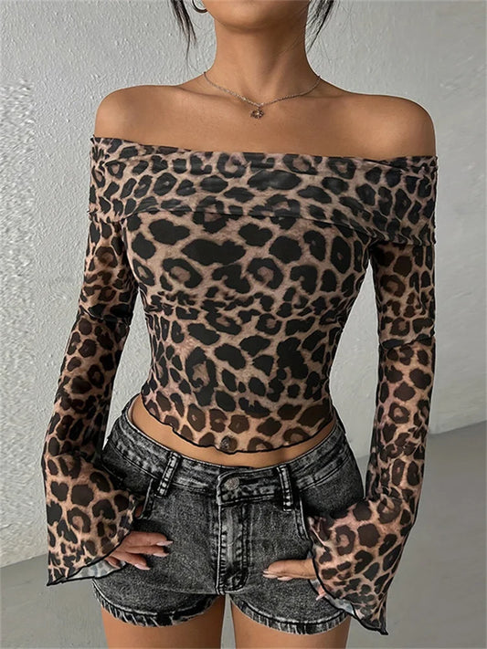 Leopard Printed Mesh T-shirt Top For Women Off-Shoulder Long Sleeve Cropped Y2k Top Pullover Contrast Female Slim Tee
