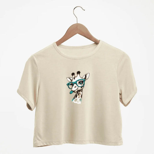 Adorable Giraffe With Teal Glasses Print Crew Neck Crop T-Shirts Casual Short Sleeve Top For Spring & Summer Women's Clothing