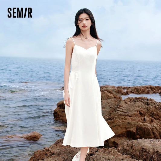Dress Women Slimming V-Neck Solid Color Elegant And Fashionable Summer New Vintage Pure Cotton Slip Dress