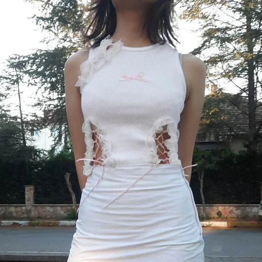 Voguable Sweet Lace Stitching Hollow Out Tank Top Cute Bow Bandage Sleeveless Crop Tops Y2K Casual Basic Vest Lolita Camis