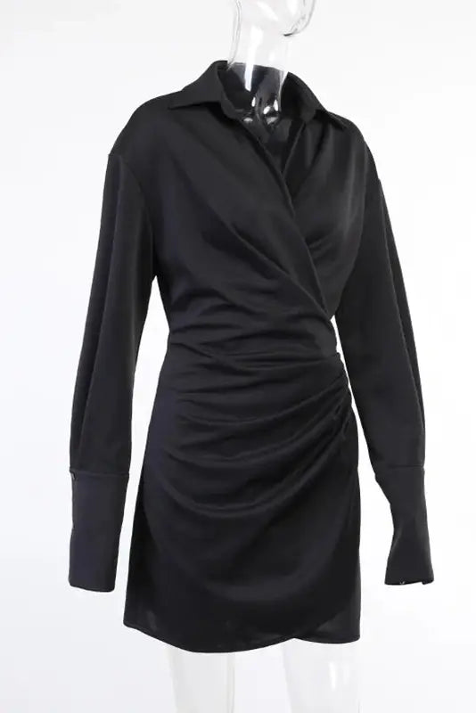 Lapel Pleated Slim Mini Dress