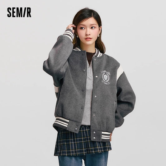Coat Women Embroidery Patchwork Contrast Color Loose Jacket New Winter Imitation Woolen Baseball Jacket