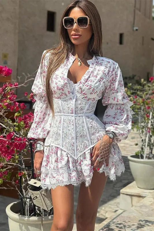 Printed Lace Mini Dress with V-Neck