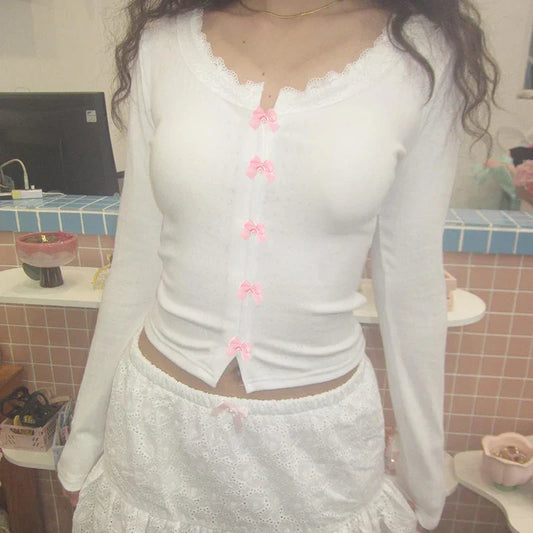 Voguable Kawaii Multi Bow Single-breasted Knitted Top Solid Japanese Lolita Style Cropped Tops Sweet Barbiecore T-shirt y2k Tees