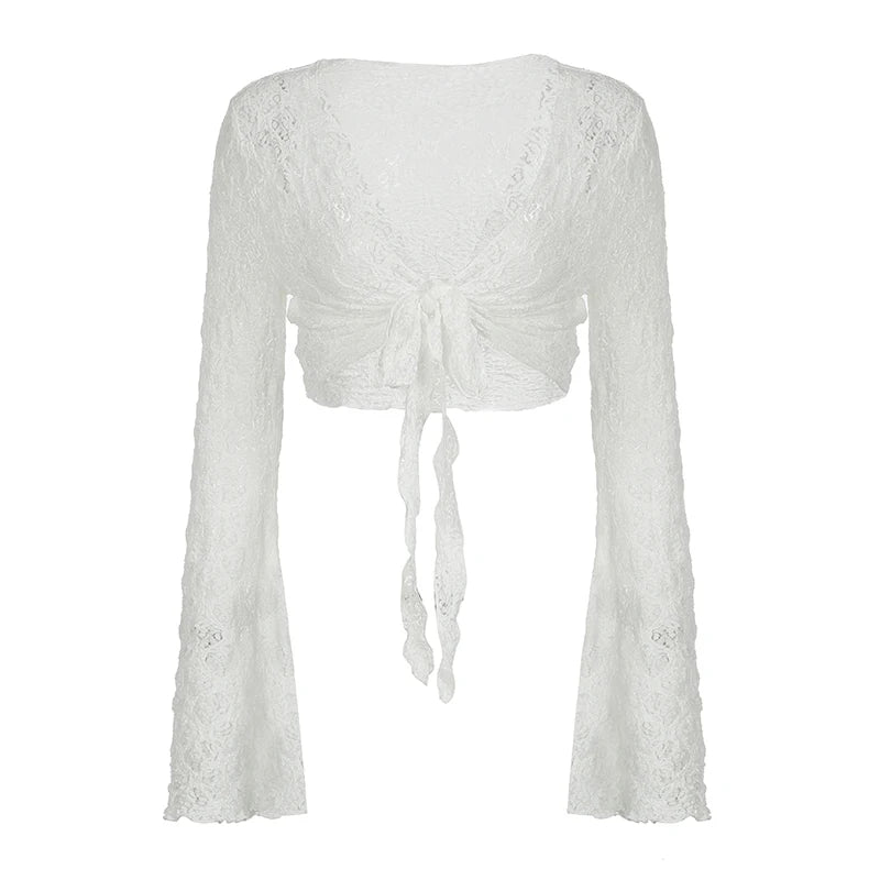 Women Trumpet Sleeves Sunscreen Cardigans Fashion Y2K V Neck Cropped Top Streetwear Knitted White Lace-up Tee Shirt