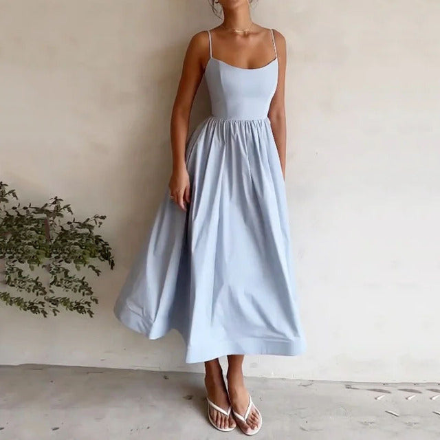 Sexy Solid Spaghetti Strap A-line Maxi Dresses Women Low Cut Sleeveless Big Skirt Dress Summer New Fashion Elegant Party Vestido