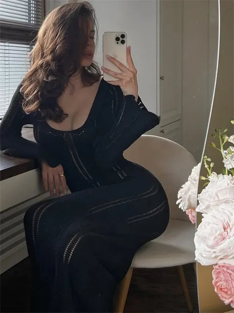Hollow Out Knitwear Backless Long Dress Women’s Slim High Waist Skinny Autumn Elegant Party Dress Female Knit Dress