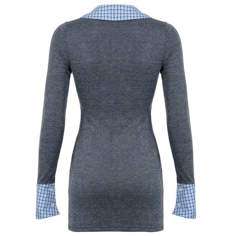 Korean Preppy Plaid Patchwork Button Lapel Women¡¯s Dresses Elegant Fairy Fashion Slim Contrast Short Vestido s New