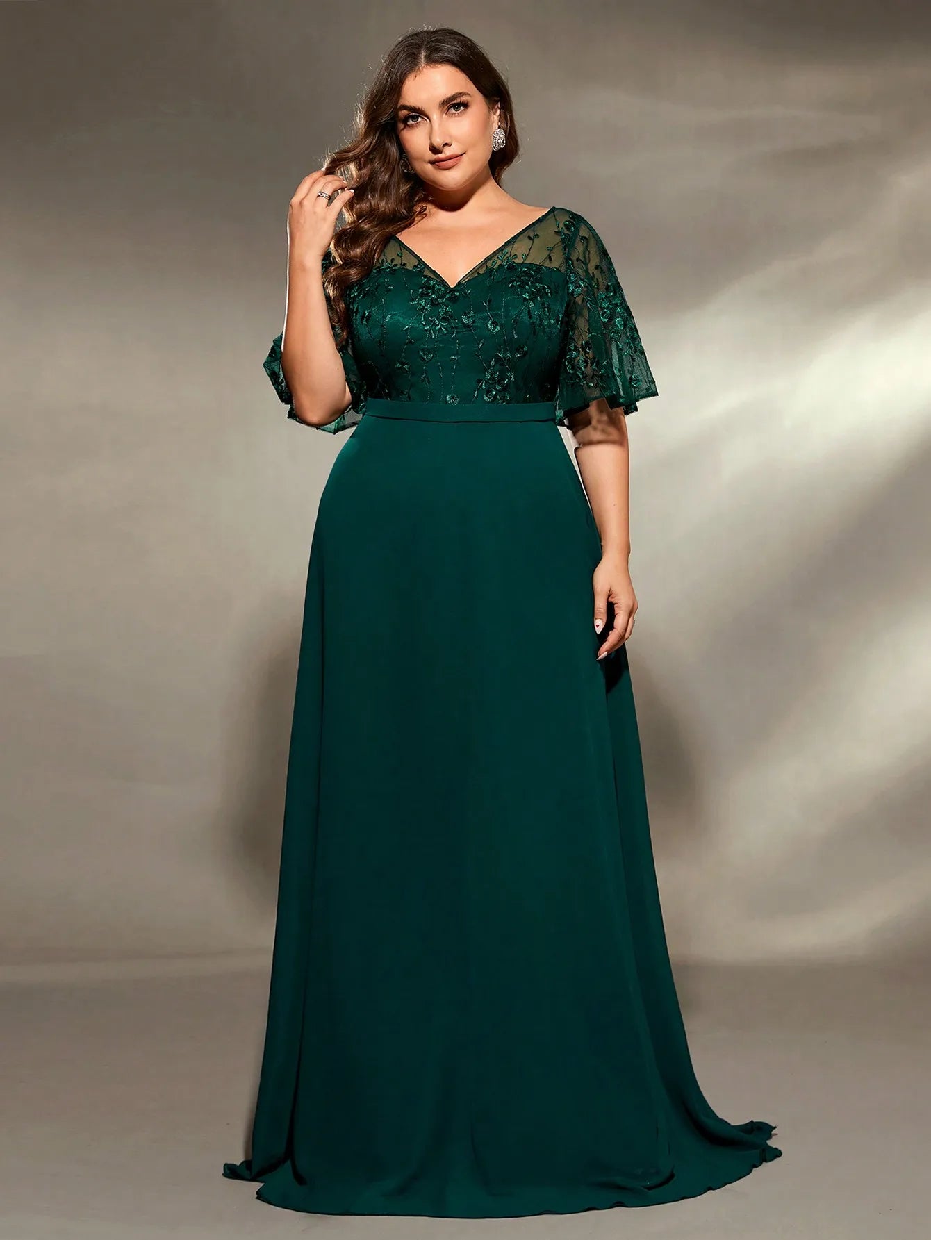 plus size V-neck See-through trumpet sleeve embroidered chiffon full skirt Evening gown Ball dress Party dress
