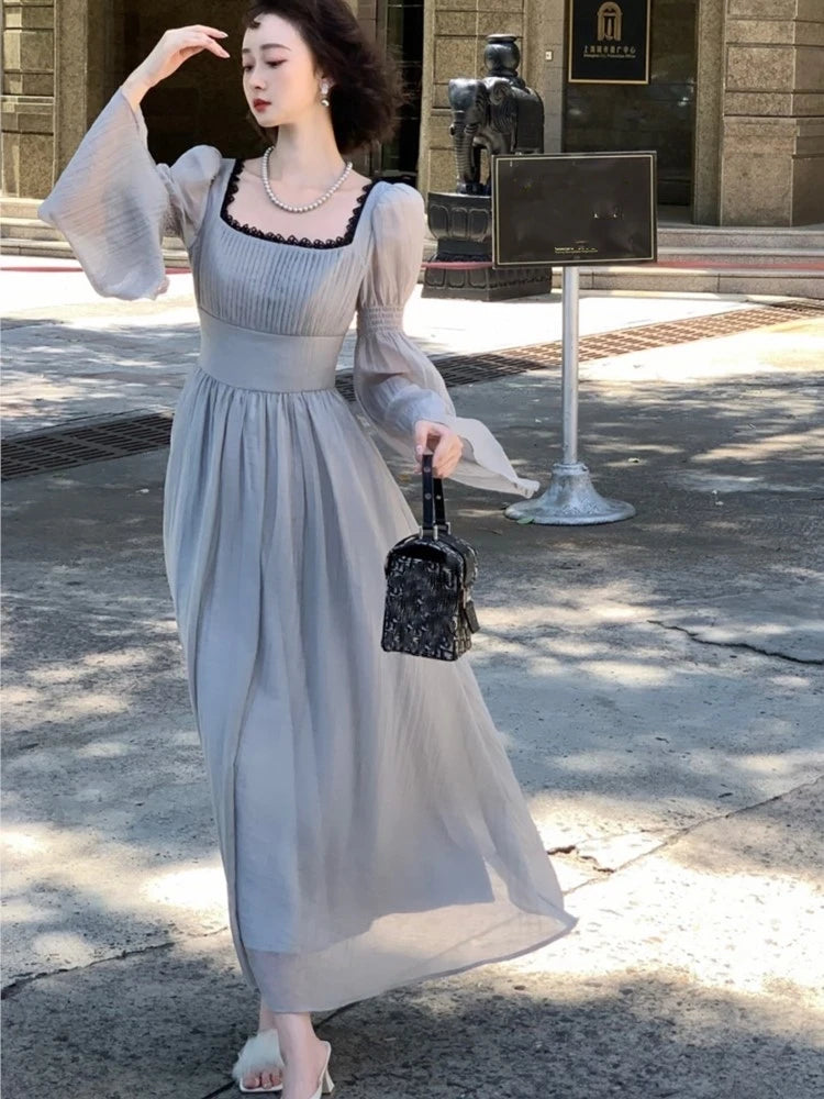 Autumn Princess Midi Dresses for Women Square Collar Flare Sleeve A-line Party Dress Slim Waist Korean One Piece Vestidos New