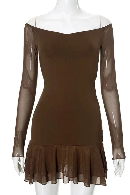 Off-Shoulder See-Through Long Sleeve Slim Mini Dress