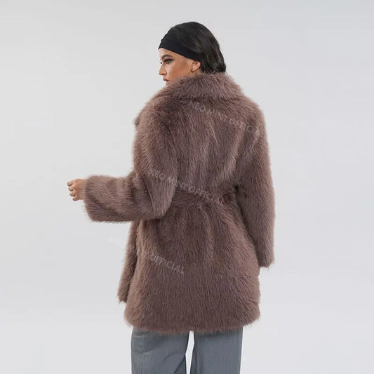 Luxury Brand Belted Long Fluffy Faux Fur Coat Women Winter Thicken Warm Lapel Fox Fur Collar Furry Jacket Overcoat