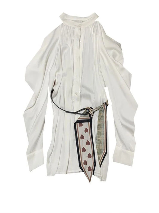 Youth Elegant Off Shoulder White Long Shirt Women Korean Dongdaemun High Quality Puff Sleeve Blouses Tops With Belted New