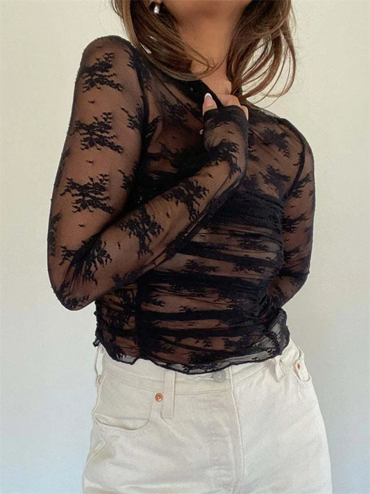 See-Through Lace Mesh T-shirt For Women Long Sleeve Printed Fashion Sexy Summer Contrast Pullover Female Slim Tee Top