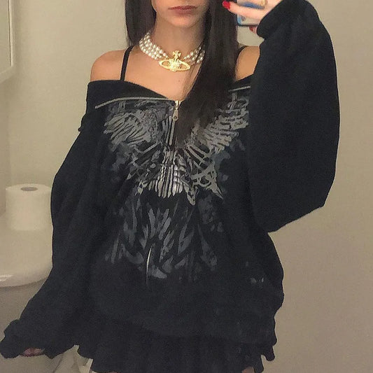 Dark personality printed hoodie female American new black hooded zipper coat loose casual top