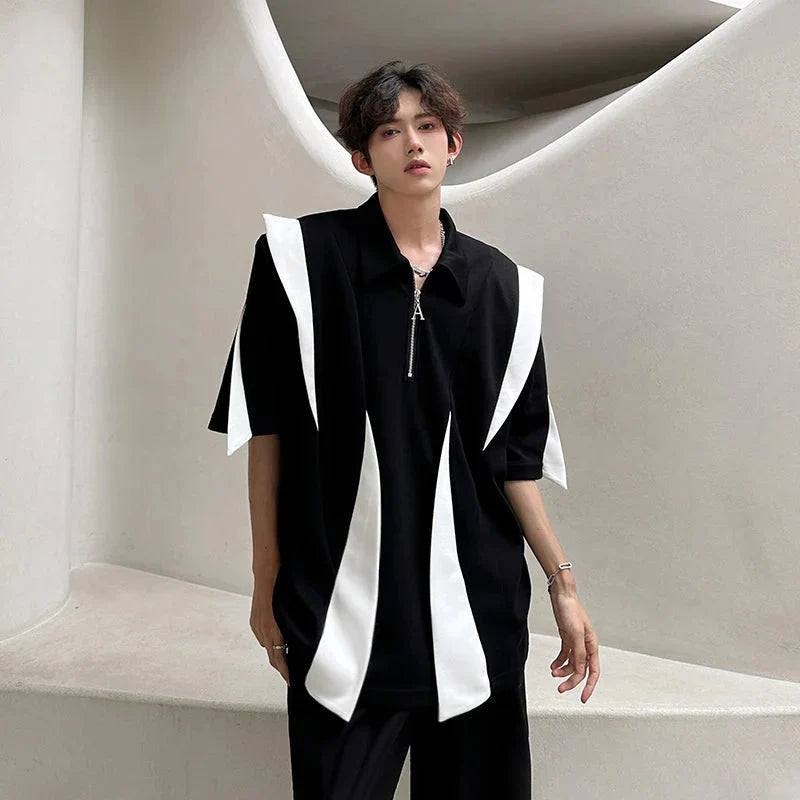Laple T-Shirt Urban Streetwear Polo Style Two-Tone Design Casual Tee Y2K Trendy Oversized Top Breathable Cotton Blend