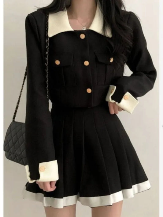 Korean Chic Two-piece Skirt Sets Patchwork Long Sleeves Cropped Top High Waist Pleated Mini Skirt Autumn Winter Y2K New Outfits