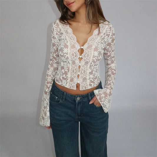 Floral White Lace Long Sleeve Sheer Top