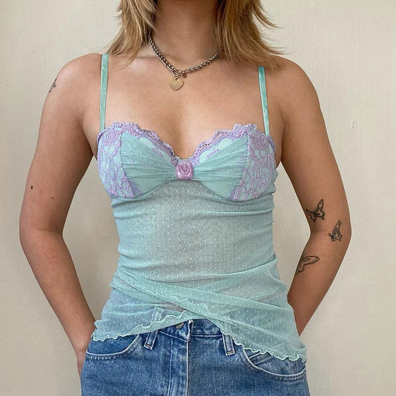 Voguable Dot Print Lace Corset Flower Appliques Milkmaid See Through Crop Top Y2K Camis Transparent Aesthetic Tanks