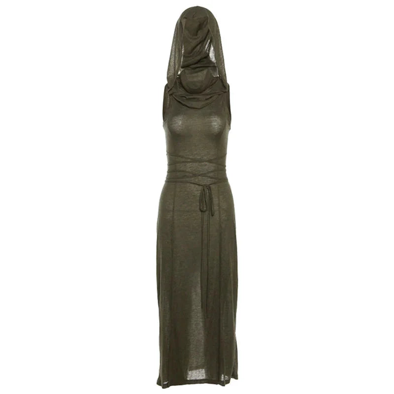 Wasteland Punk Dress y2k Solid Color Sleeveless Hollow Out Back Side Slit Hooded Dress 2000s Grunge Party Dresses