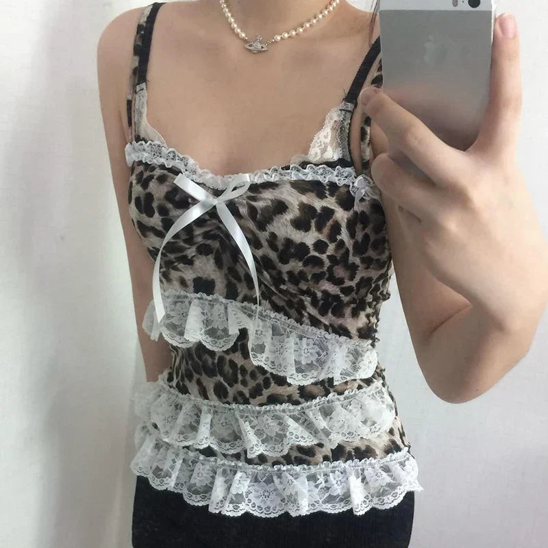 Voguable Y2K Leopard Print Lace Ruffle Patchwork Camis Brown Coquette Aesthetic Slim-fit Bow Tank Tops Cute Fairycore Vest Cute