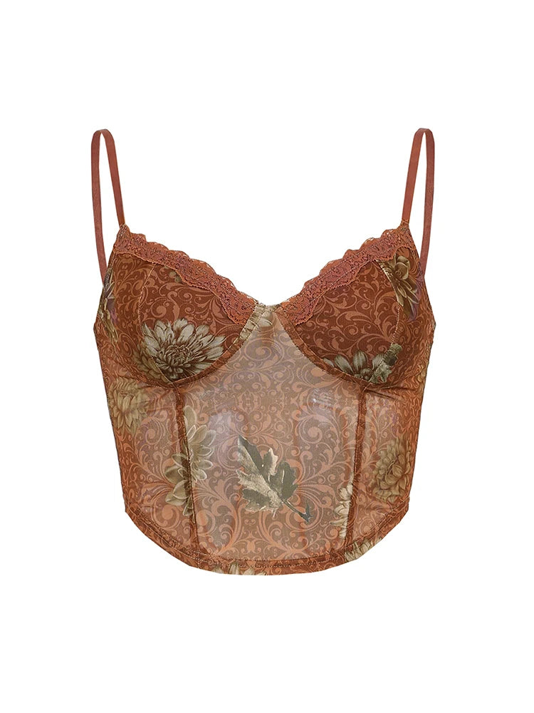 Floral Print Vintage Aesthetic Mesh Camisole Women Brown Cute Y2K Crop Top