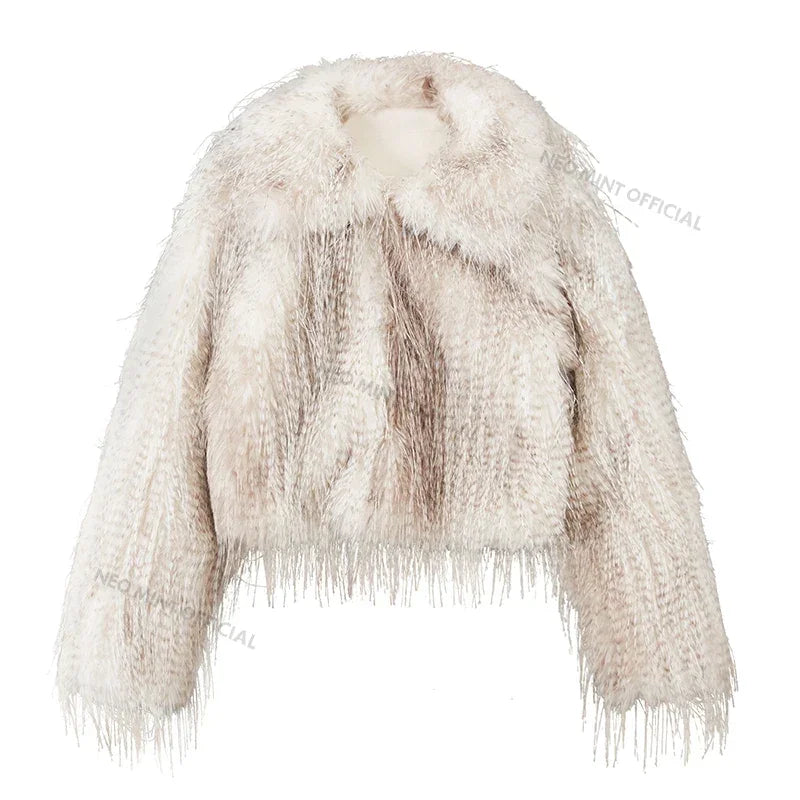 Exclusive Designer Winter Gradient Faux Peacock Fur Coat Women Furry Tassels Fur Jackets Chic Y3k Girls Outerwears